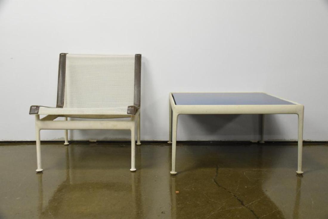 Richard Schultz, Knoll Lounge Chair and Coffee Table: Richard Schultz for Knoll Aluminum Coated Lounge Chair and Coffee Table. Damage on one corner of the table. See Photos. Chair 22.5 x 27.5 x 26 Table 28 x 28 x 16