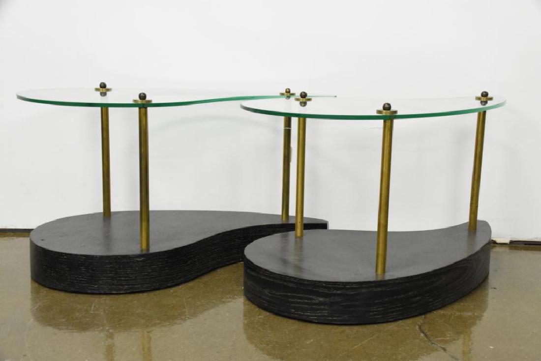 Comma Form Glass Top Oak Side Tables: Comma Form Glass Top Oak Side Tables with Brass Accents c. 1940's 38" x 21" x 21"