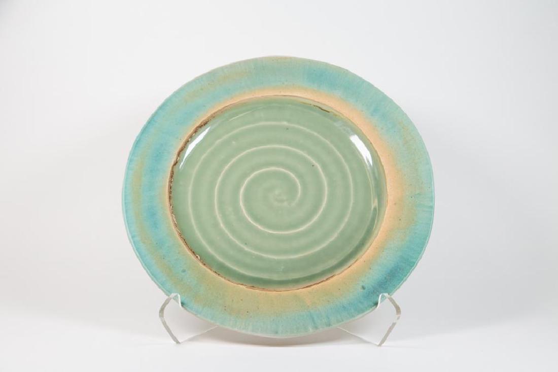 Bruce Cochrane (Canadian) Wheel Thrown Platter: Bruce Cochrane (Canadian) wheel thrown platter with seafoam glaze on the interior of platter. Signature on bottom. Good condition. 14"D x 1 1/2"H