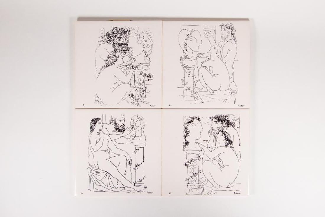 Pablo Picasso "Les Artistes" Ceramic Tiles (1976) Set: Pablo Picasso "Les Artistes" Ceramic Tiles (1976) Set of four (4) Each tile depict a classical male and female nudes contemplating a bust in profile upon a pedestal, each with a gilded "6" on face and