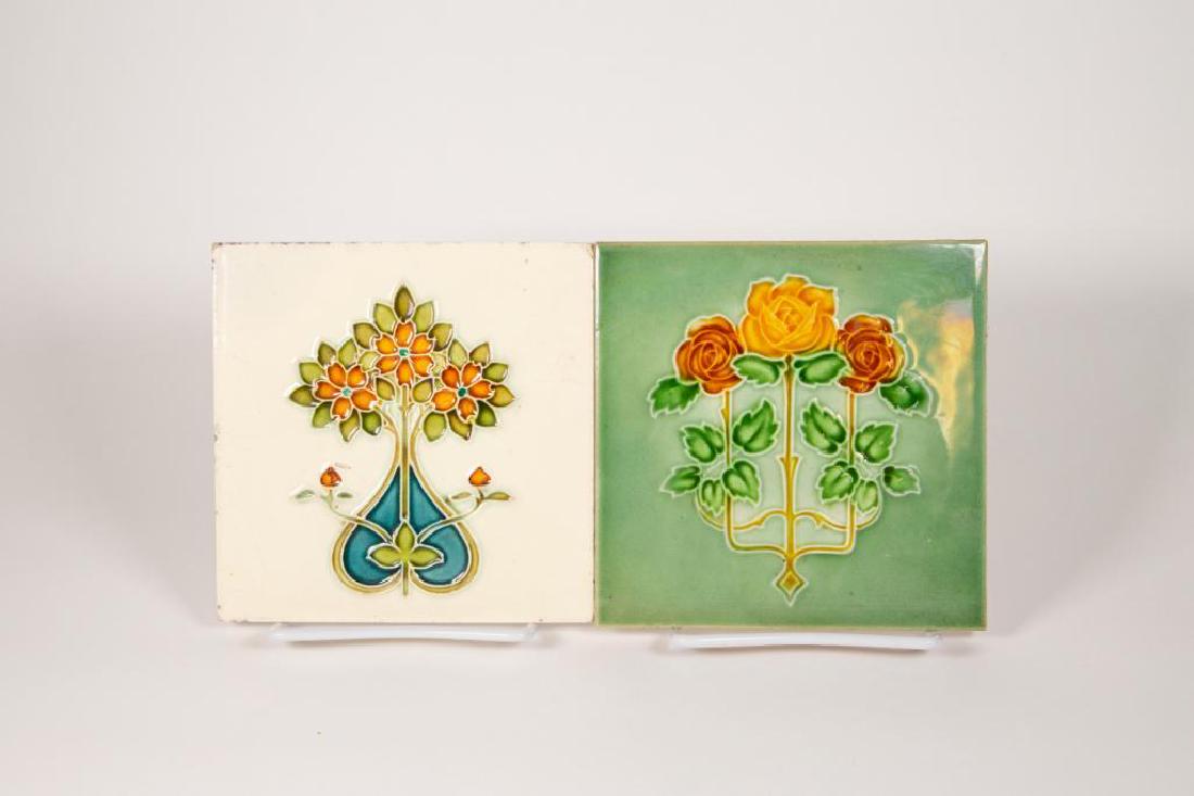 Pair of Antique Majolica Tile with Floral Designs: Antique victorian floral art tile painted by W.B. Simpson & Sons (1870-1900) Green glaze with yellow and orange roses. Good condition. W.B. Simpson & Sons mark on back. 6"W x 6"L . Antique Maj