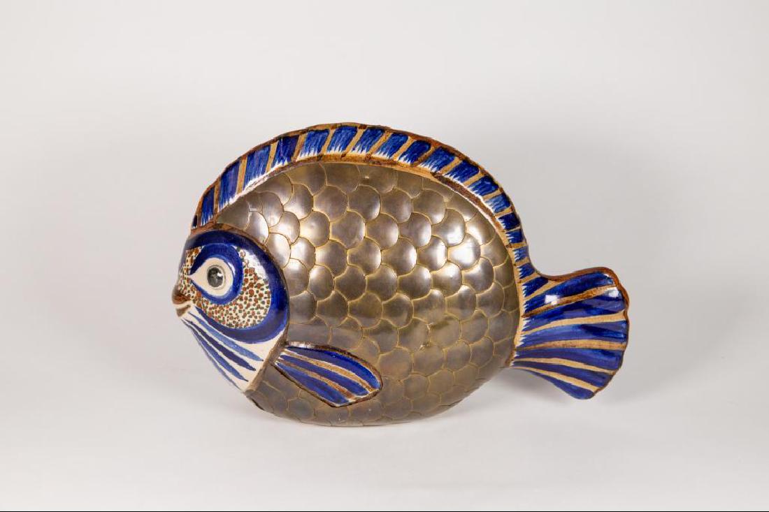 Brass and Ceramic Fish Attr. Sergio Bustamante: Brass and Ceramic Fish Attr. Sergio Bustamante. Brass gills with ceramic fins and ceramic face. Good condition. 12"W x 5"D x 9 1/2"H