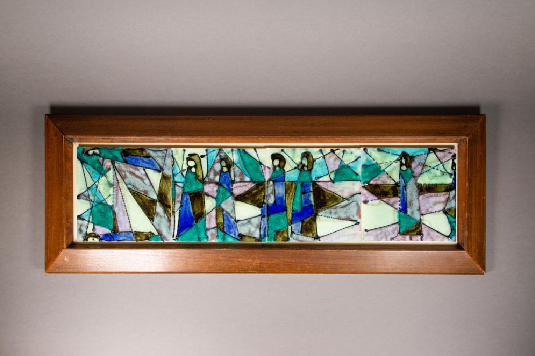 Thynne England Art Pottery Framed Four (4) Picture Mid: Thynne England Art Pottery framed four (4) picture mid century modern Harris Strong style. Composed of four tiles that depict a procession of figures, possibly nuns, against a stained glass background