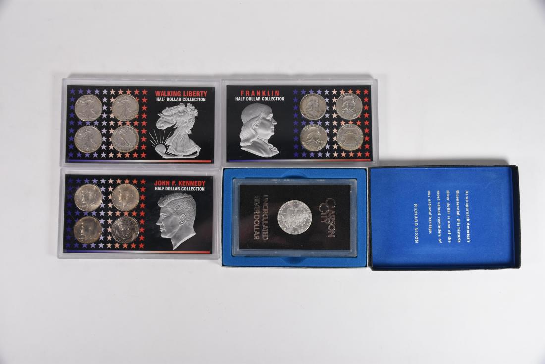 1884 CC GSA Morgan Silver Dollar & Half Dollar Sets: Collection includes One (1) 1884 CC GSA Morgan Silver Dollar. One (1) Set of Franklin Half Dollars, One (1) Set of Walking Liberty Half Dollars, One (1) Set of John F. Kennedy Half Dollars.