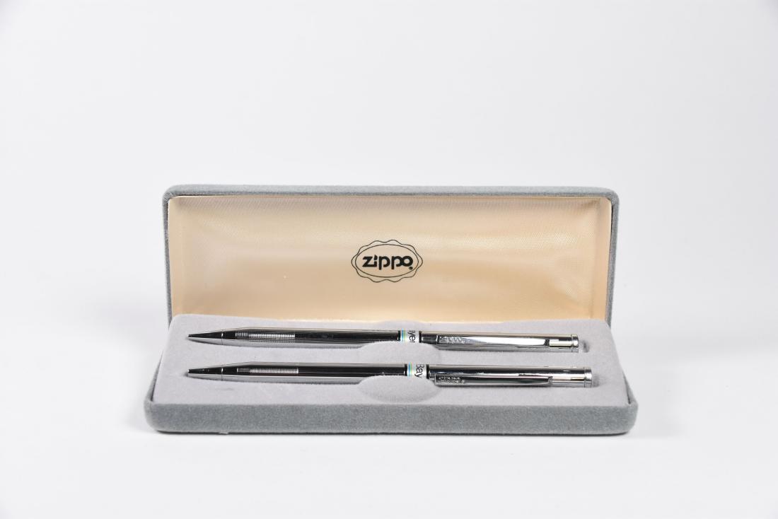 Zippo Ballpoint Pen & Mechanical Pencil: Zippo ballpoint pen and mechanical pencil. Both have "Bayer" Pharmaceutical logo. Comes wth case. Sold as found.
