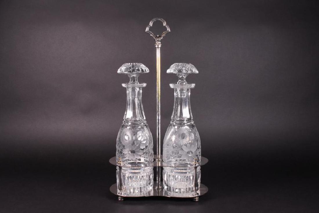 Silver Plated Liquor Caddy with Crystal Decanters: Silver Plated Liquor Caddy with Crystal Decanters. Bernard Rice's Sons, Inc. Apollo EPNS. With two etched Czechoslovakian crystal decanters. 9 1/2" Width; 16"Height