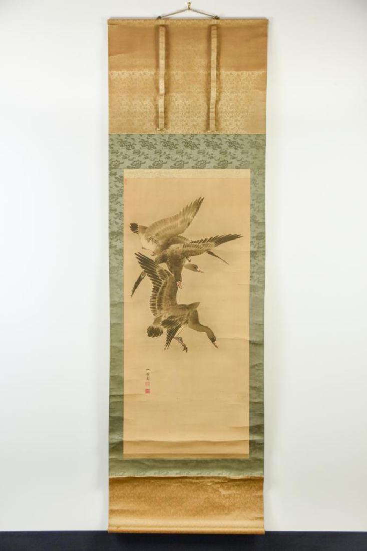 Meiji Period Japanese Kakemono Scroll with Geese: Meiji Period Japanese Kakemono Scroll with Geese. Large Kakemono (or Kakejiku) scroll with geese in flight. Artist calligraphy signed and stamped in red ink. Comes with original wooden storage box. 25
