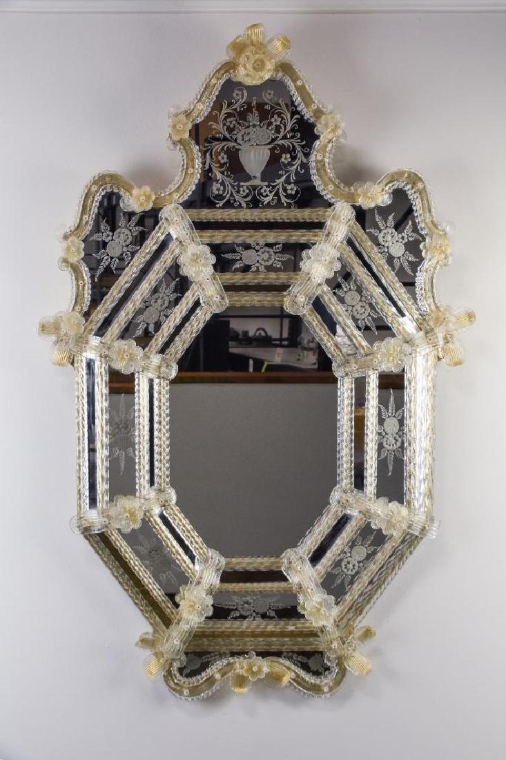 Vintage Venetian Glass Mirror: Vintage Venetian glass mirror with etched and beveled mirror framing in a rococo style ornament. 30" Width; 48"Height