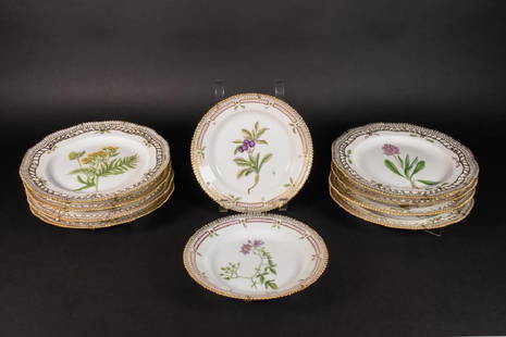 A Set of Ten (10) Royal Copenhagen Flora Danica: A Set of Ten (10) Royal Copenhagen Flora Danica Porcelain Round Plates with Pierced Rims, Copenhagen, Denmark, 1979-1983. Marks: ROYAL (crown) COPENHAGEN DENMARK. Includes Eight (8) 9"Diameter; Two (2