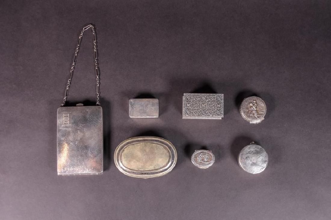 Watrous Mfg. Co Wallet & C. Parker Silver Snuff Box: Watrous Mfg. Co Wallet & C. Parker Silver Snuff Box. Lot includes five (5) silver pill boxes. Watrous Mfg. Co wallet has coin holder and money clip. Engraved initials. Snuff box has engraved name.