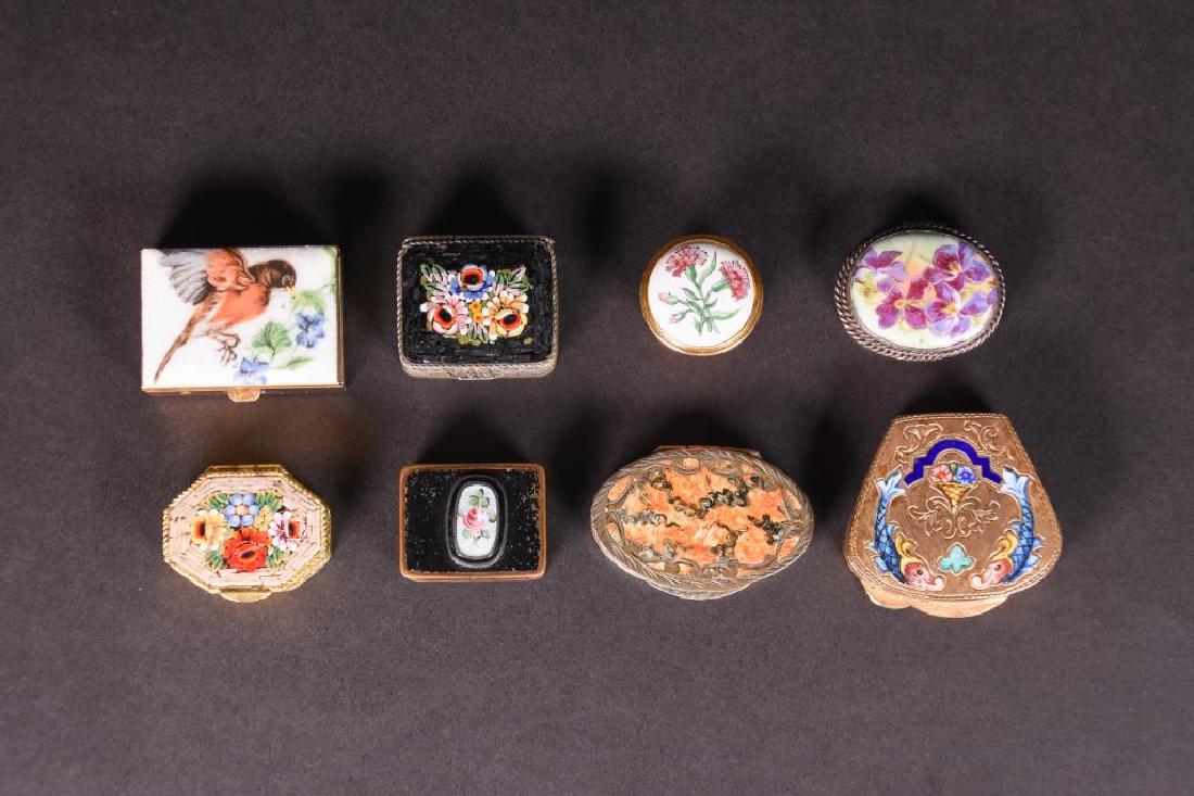 Eight (8) Antique Beaded and Enamel Pill Boxes: Eight (8) Antique Beaded and Enamel Pill Boxes. Includes: Two (2) Beaded floral silver and gold boxes. Made in Italy. One (1) Silver oval pill box. Made in Italy. One (1) Bilston and Battersea pink an