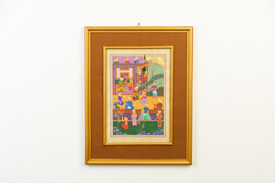 Mughal Painting: Mughal painting in gouache and gilt on paper depicting various domestic scenes. Signature on bottom left corner. 11 1/2"Width; 14 1/2 Height in frame.