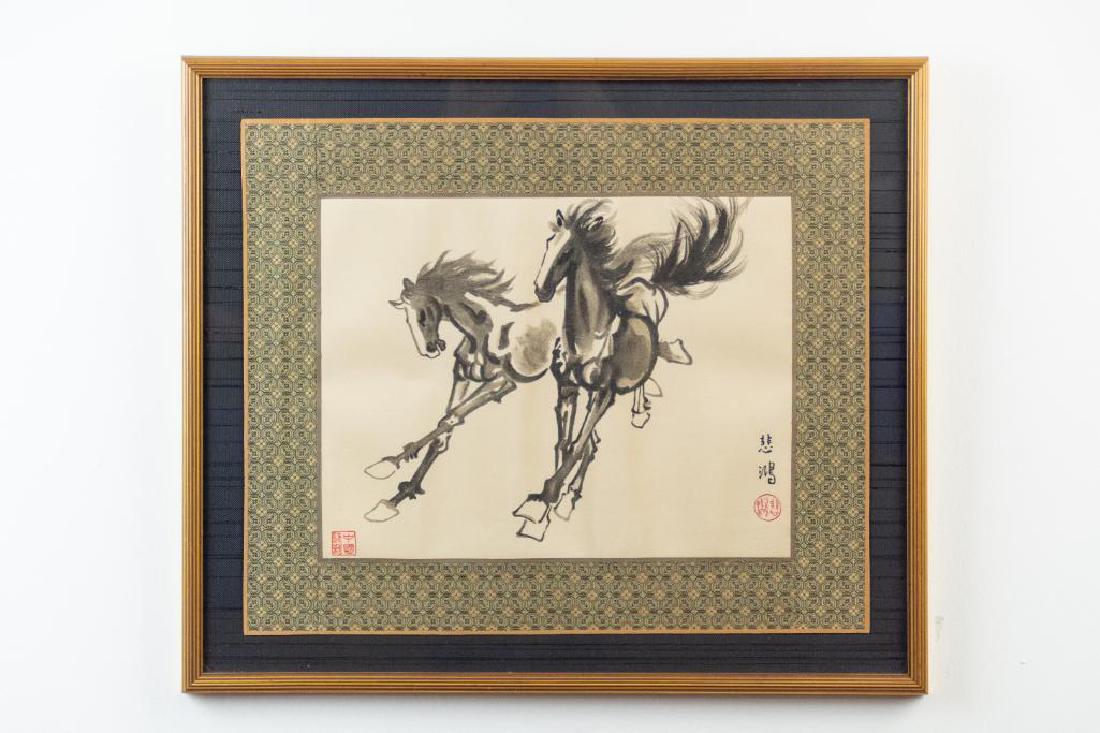 Xu BeiHong Framed Embroidery Horse Painting: Xu BeiHong Framed Embroidery Horse Painting. Very fine embroidery details give the look of real horse hair. Painting is framed. 20"Width: 17"Height in frame.