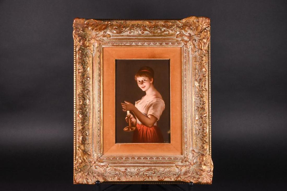 R. Dittrich "Gute Nacht." Porcelain Plaque: R. Dittrich "Gute Nacht." Porcelain Plaque depicting girl illuminated by candle. Verso has Royal Vienna shield mark impressed with scepter and KPM marks. 237 158. Gilt wood frame and velvet mat. Prove