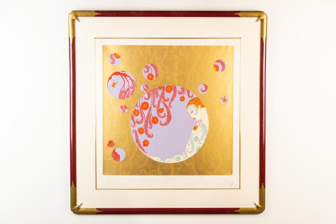 Erte (Romain de Tirtoff) Signed Serigraph: Erte (Romain de Tirtoff) Signed serigraph. Framed picture of a woman with a butterfly on arm. Gold leaf details. Pencil signed lower right and numbered 126/300 lower left. Frame is painted burgundy wi