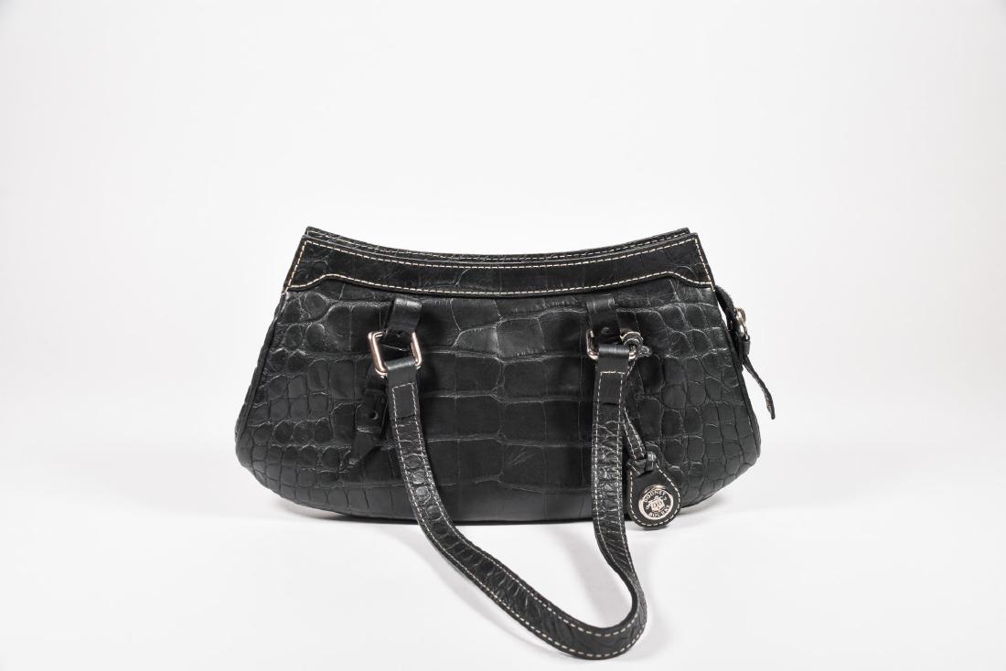 Dooney and Bourke Black Leather Handbag: Dooney and Bourke black leather handbag, metal hardware with double straps, interior zipper with fabric lining. Dimensions: Handle drop: 10", Height: 6", Width: 13", Depth: 12".