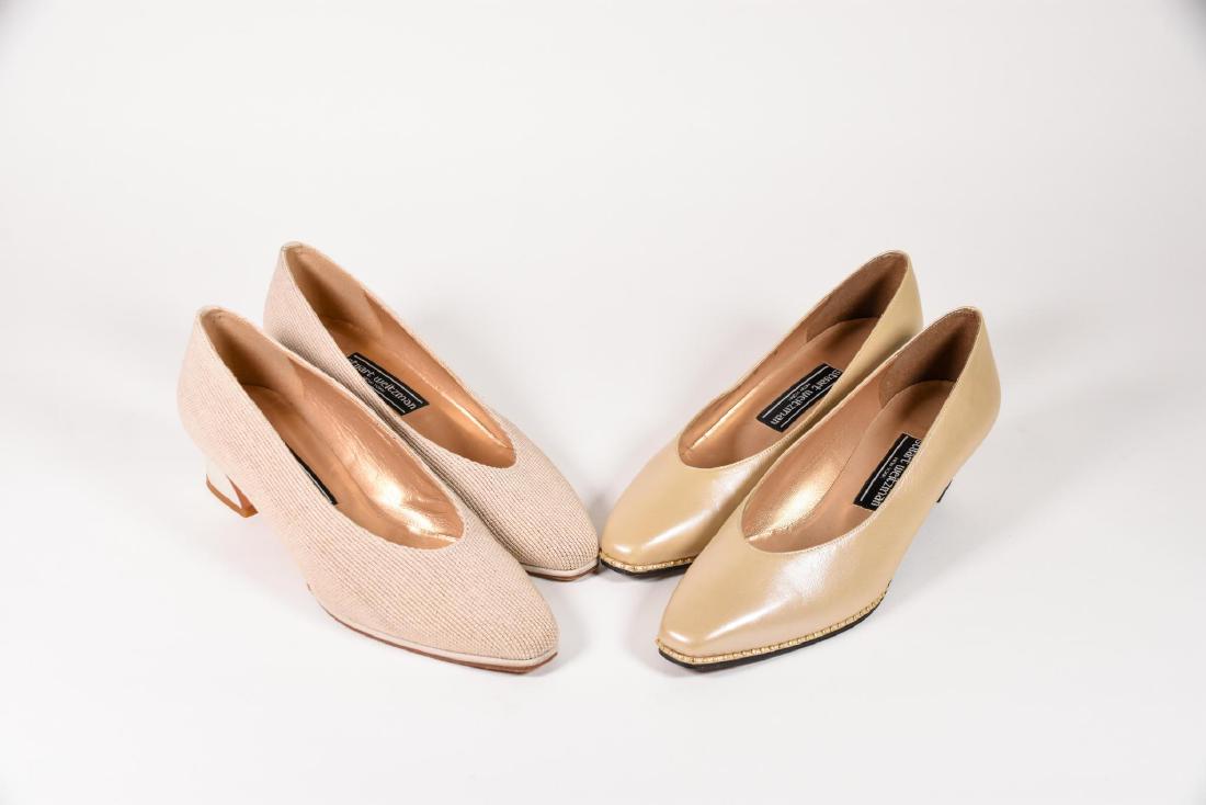 Two (2) Pairs of Stuart Weitzman Square-Toe Pumps: Two (2) Pairs of Stuart Weitzman Square-Toe Pumps. Pair of Taupe leather Stuart Weitzman square-toe pumps with tonal stitching and gold stud covered heels. Leather soles in good condition. Gold stud d