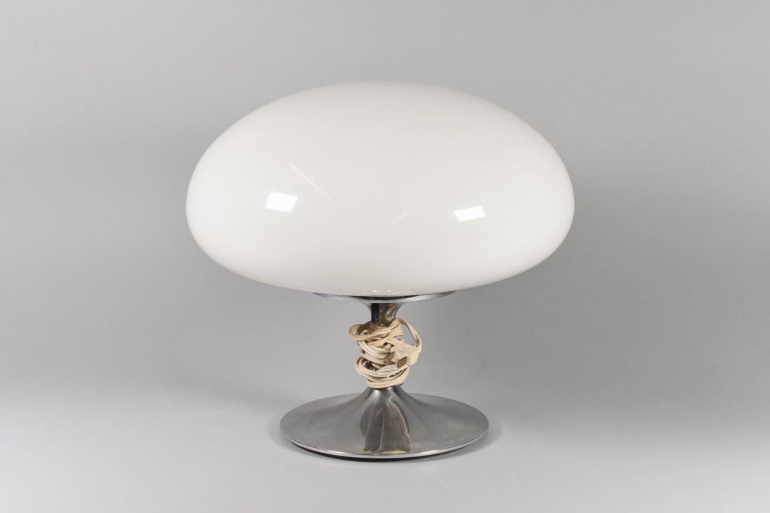 Mid Century Bill Curry Stemlite Lamp for Design Line: Vintage Stemlite lamp by Bill Curry for Design Line. This piece features a white glass mushroom globe and a tulip base with a chrome base. CREATOR: Design Line (Manufacturer), Bill Curry (Designer). O