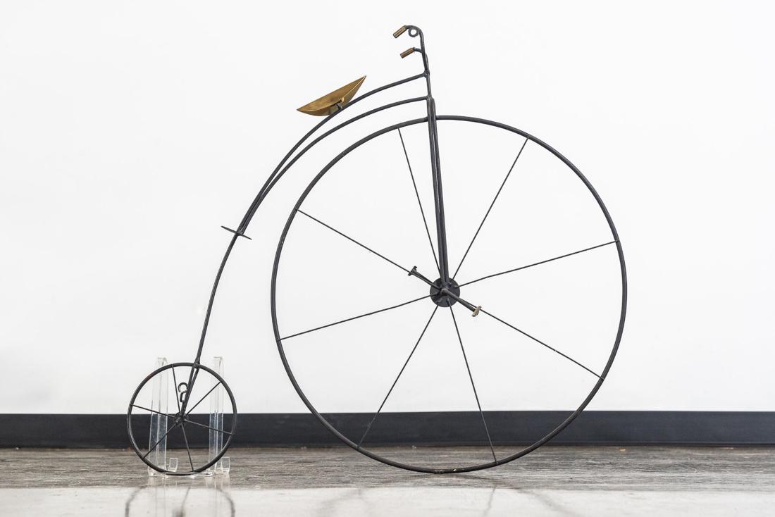 Curtis Jere Wall Bicycle Sculpture: CREATOR: Curtis Jere. MARKINGS: signed, dated. COUNTRY OF ORIGIN: USA. MATERIALS: Metal. Additional Information & Circa: Wall sculpture of a bicycle by Curtis Jere; 1985. DIM