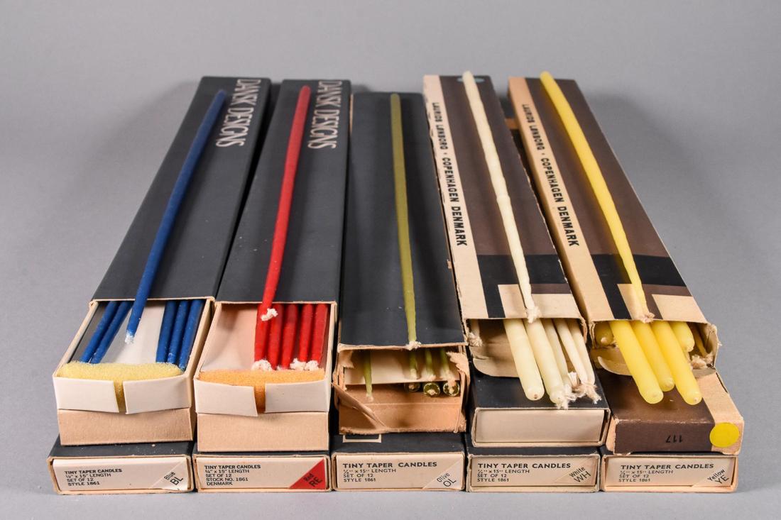 Dansk and Laurids Lonborg Tiny Taper Candles: Set of twelve (12) Original Mid Century Modern assorted color tiny taper candles. Includes: Forty-Seven (47) Dansk Designs candles in assorted colors. Twenty-nine (29) Laurids Lonborg candles in assor