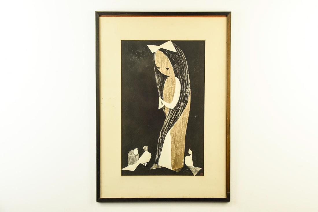 Kawano Kaoru (1916-1965) "Girl with Doves" Woodblock: Kawano Kaoru (1916-1965) "Girl with Doves" woodblock print in Kaigado Meiji frame. ARTIST: Kawano Kaoru. DATE: 1950's-1960's. SIGNATURE: Kawano Kaoru. CONDITION: Good. CONDIT