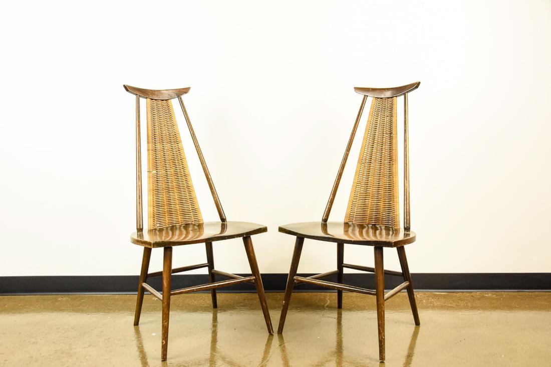 Two (2) Rare Ilmari Tapiovaara Wicker Chairs: Two (2) Striking 1950s wicker-back easy chairs by Finnish designer Ilmari Tapiovaara. CREATOR: Ilmari Tapiovaara (Designer). OF THE PERIOD: Mid-Century Modern. PLACE OF ORIGIN: Finland. DATE