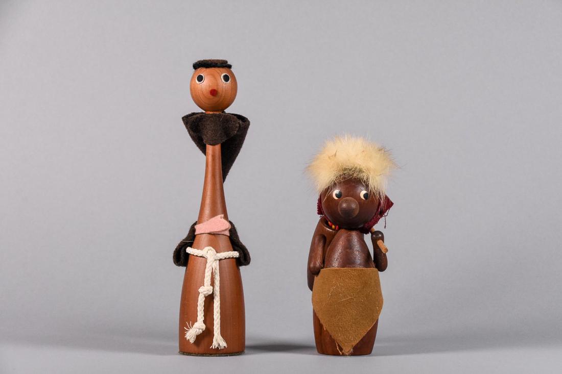 Two Wooden Figurines In the Style of Laurids Lonborg: One vintage MCM toothpick holder and monk figurine in the style of Laurids Lonborg. CONDITION: Good. Refer to photos for condition. DIMENSIONS: Toothpick holder- H 5.5in. x D 1.5in. Monk figurine- H 7