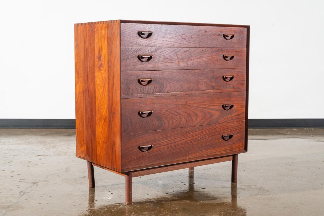 Peter Hvidt Five-Drawer Mid Century Modern Dresser: Teak five-drawer finger jointed dressers by Peter Hvidt & Orla Molgaard-Nielsen. CREATOR: Peter Hvidt (Designer) Orla Molgaard-Nielsen (Designer) PLACE OF ORIGIN: Denmark. PERIOD: Mid 1950's-1960's.