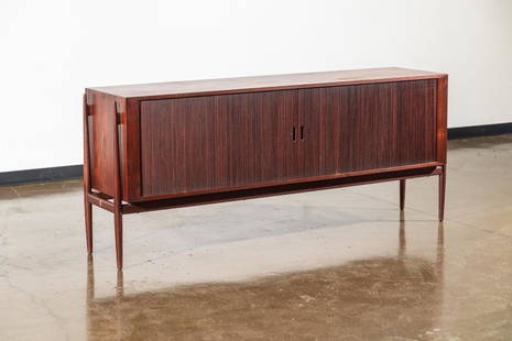 Finn Juhl Tambour Sideboard Credenza NV54: Finn Juhl NV54 sideboard credenza with two tambour doors over eight pull out trays on left and one adjustable shelf on right. Designed, 1954. CREATOR: Finn Juhl (Designer),Niels Vodder (Cabinetmaker).