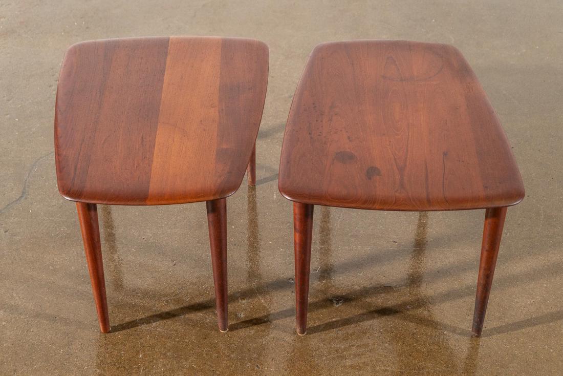Peter Hvidt Teak Danish Modern End Tables: A pair of teak Danish Modern end tables designed by Peter Hvidt for France and Son. CREATOR: Peter Hvidt (Designer),France & Son (Maker). PLACE OF ORIGIN: Denmark. PERIOD: Mid-20th Century. C
