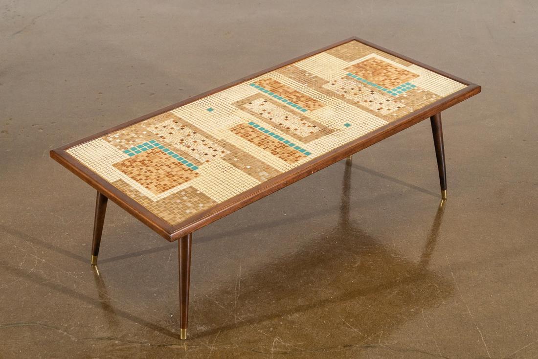 Mosaic Ceramic Tile Coffee Table: Unique Mid-Century Modern mosaic tile coffee table with geometric multi-color tiles and vintage conical peg legs., circa 1960s. CREATOR: Unknown. CONDITION: Good. CONDITION REPORT: Refer to photos fo
