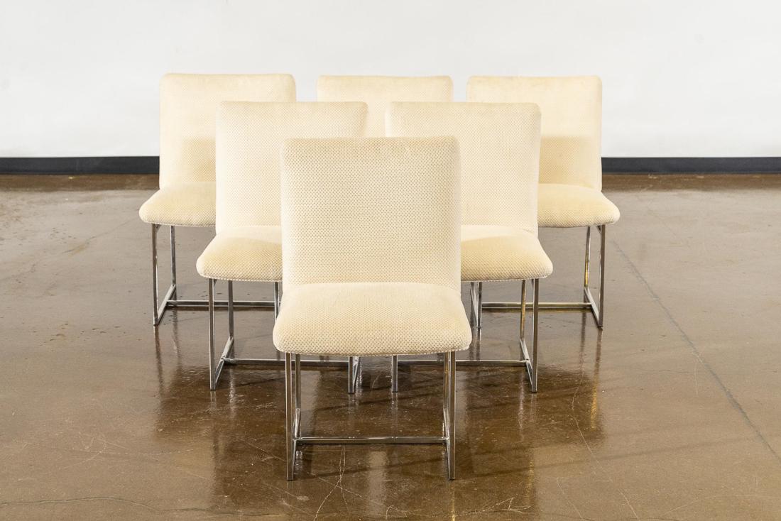 Milo Baughman Dining Chairs: Set of six (6) Milo Baughman dining room chairs with a cream fabric and chrome structure. CREATOR: Milo Baughman (Designer), PLACE OF ORIGIN: United States. DATE OF MANUFACTURE: Early 1970s.