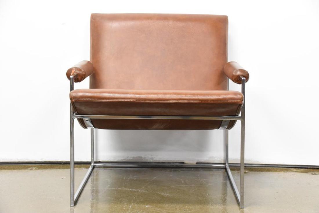 Milo Baughman Leather Scoop Lounge Chair: Milo Baughman "scoop" lounge chair in original tan color genuine leather, with chrome frames. CREATOR: Milo Baughman (Designer). PLACE OF ORIGIN: United States. DATE OF MANUFACTURE: 1970s. PE