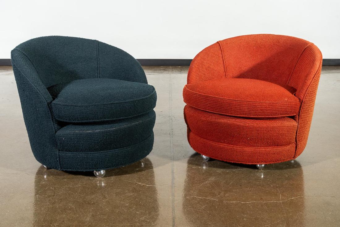 Edward Wormley (1907-1995) Barrel Back Swivel Chairs: Edward Wormley (1907-1995) Navy and Orange Barrel Back Swivel Chairs on Castors. CREATOR: Edward Wormley (Desighner). OF THE PERIOD: Mid Century Modern. CONDITION: Good. Refer to photos for condition