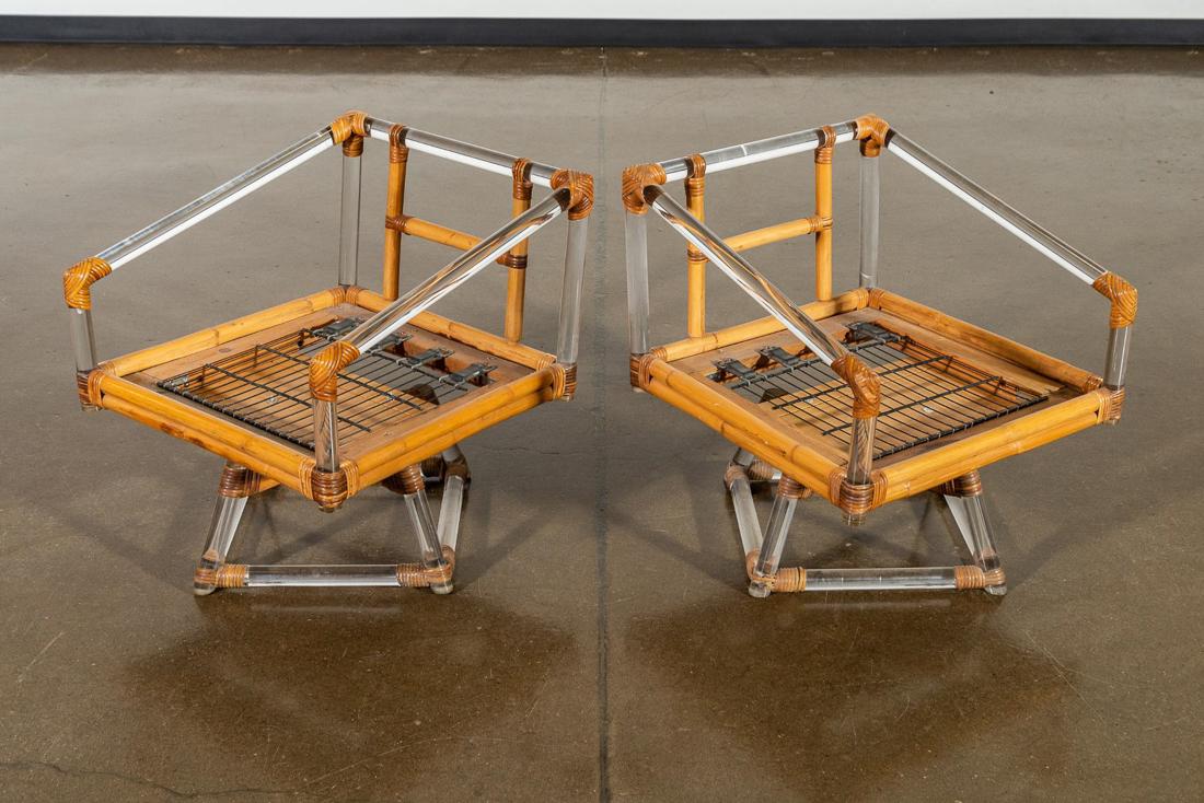 Ficks Reed Swivel Wicker and Lucite Chairs: Pair of Ficks Reed Swivel Wicker and Lucite Chairs. PLACE OF ORIGIN: United States. DATE OF MANUFACTURE: 1970s. PERIOD: 20th Century. CONDITION: Good. Refer to photos for condition.