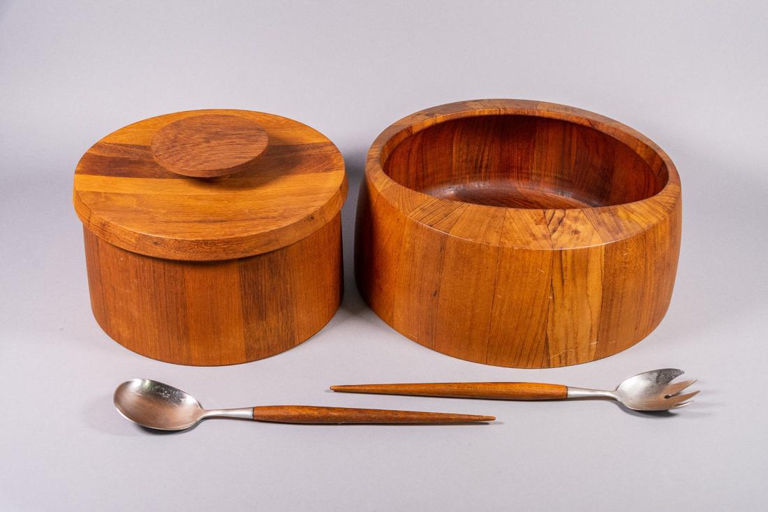 Jens Quistgaard Teak Ice Bucket and Salad Bowl for: Jens Quistgaard Teak Ice Bucket and Salad Bowl for Dansk. Salad bowl comes with serving spoon and fork. CREATOR: Dansk (Maker), Jens Quistgaard (Designer). OF THE PERIOD: Mid-Century Modern. PLACE OF