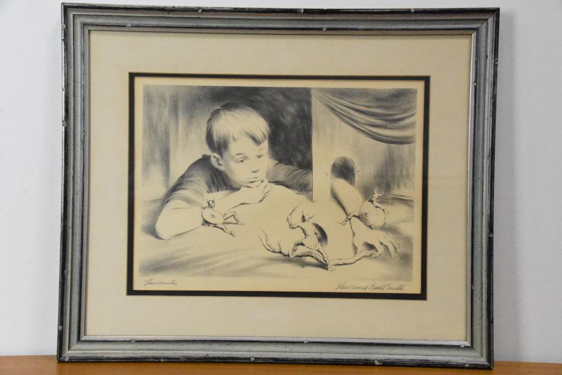 Lawrence Beall Smith, Lithograph, "Encounter": ARTIST: Lawrence Beall Smith, Lithograph, "Encounter" Boy With Tiny Viking Figures; Signed and Titled in Pencil; CONDITION: Good. Minor scratches on frame. Refer to photos for condition. MEASUREMENTS