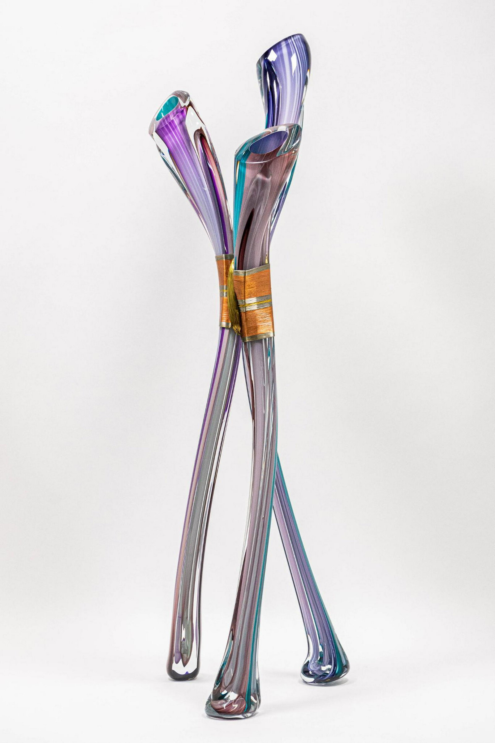 Barry Entner Signed Art Glass and Wire Free Standing: Freestanding art glass sculpture bound with gold and copper-toned wire, signed "Barry Entner 1994" to base. ARTIST: Barry Entner CONDITION: Very good, some slight scratches DIMENSIONS: H 38” x W