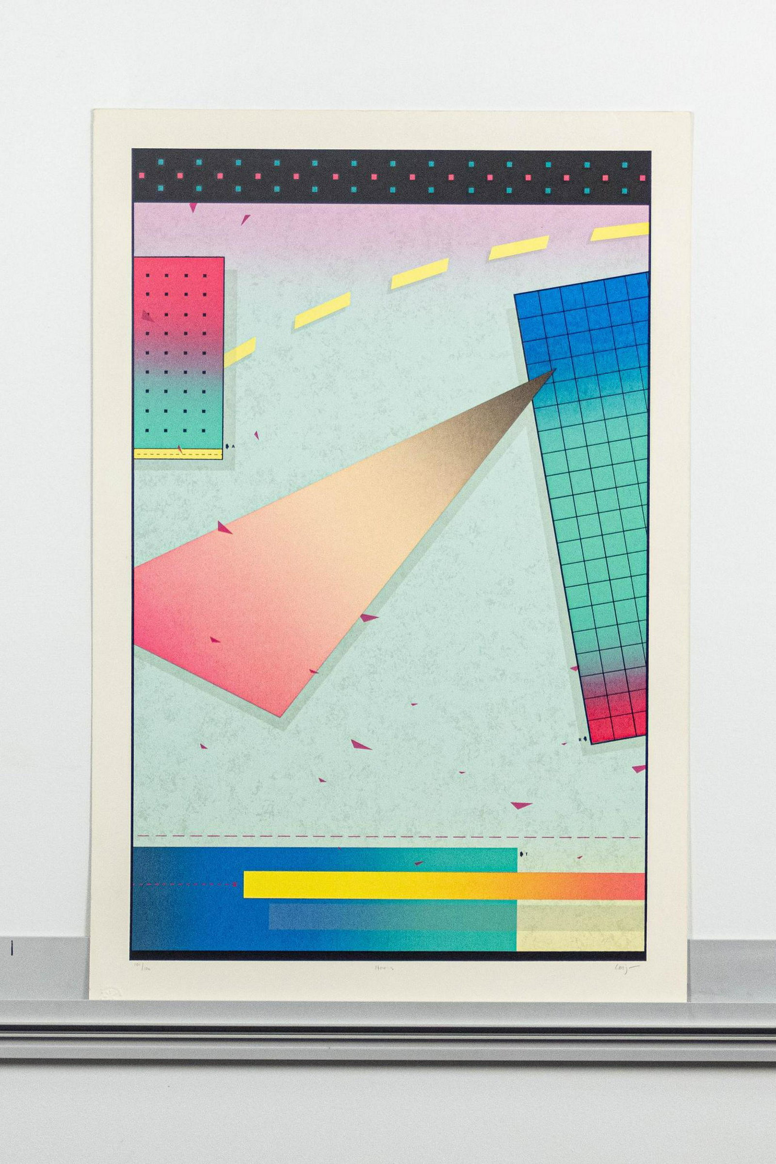 "Her's" Memphis Style Serigraph, Signed and Numbered: Her's" Memphis style serigraph, signed, titled and numbered by the artist in pencil, 101/120 ARTIST: Unknown CONDITION: Very good, minor signs of wear on top edge DIMENSIONS: 35" x 23