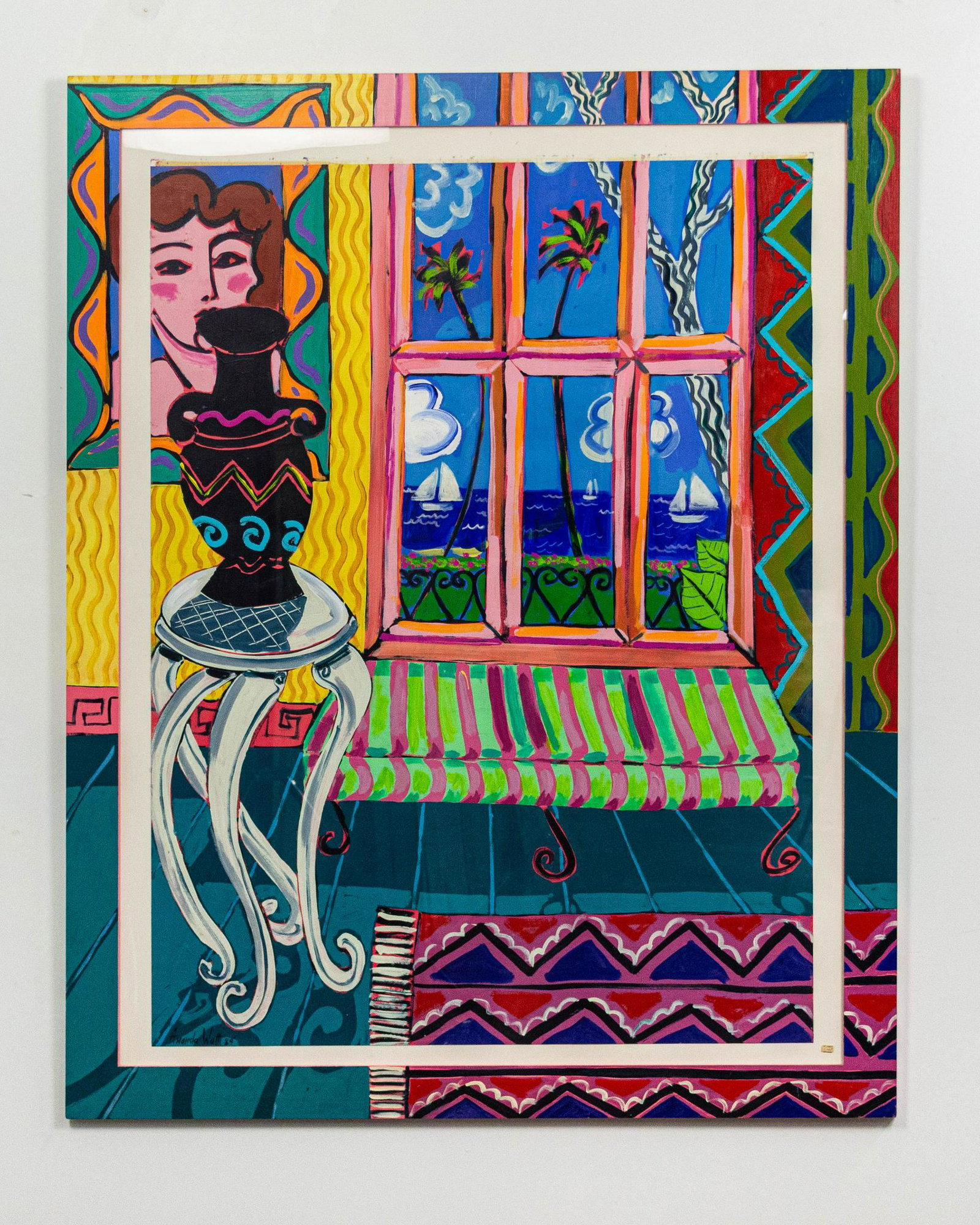 Amanda Watt Painting with Frame, Signed and Dated: Painting in a painted wood frame, signed and dated by the artist in pigment, 1989 ARTIST: Amanda Watt CONDITION: Good, some artwork coming unglued DIMENSIONS: 59.5" x 47.5"