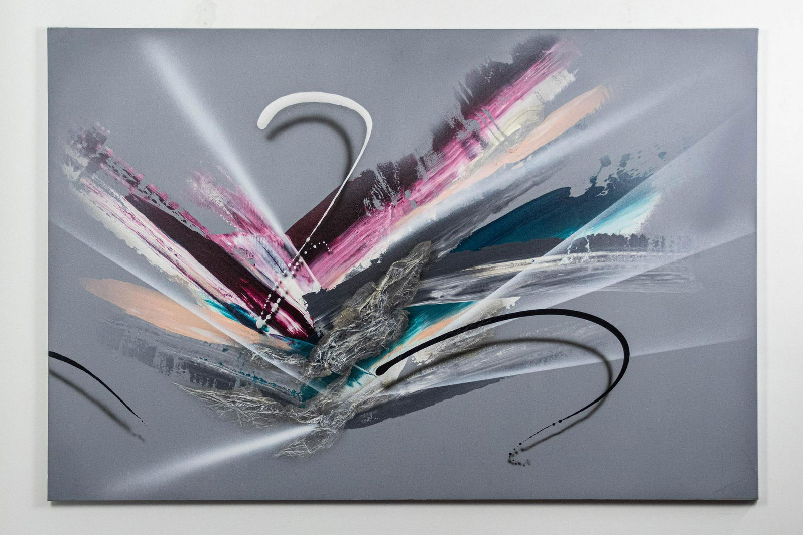 Laurie A. Fields Acrylic Collage on Canvas, Signed,: Acrylic Collage on canvas, signed and dated Â© 3/90 ARTIST: Laurie A. Fields CONDITION: Good, some scuffs on bottom right corner DIMENSIONS: 48" x 72"