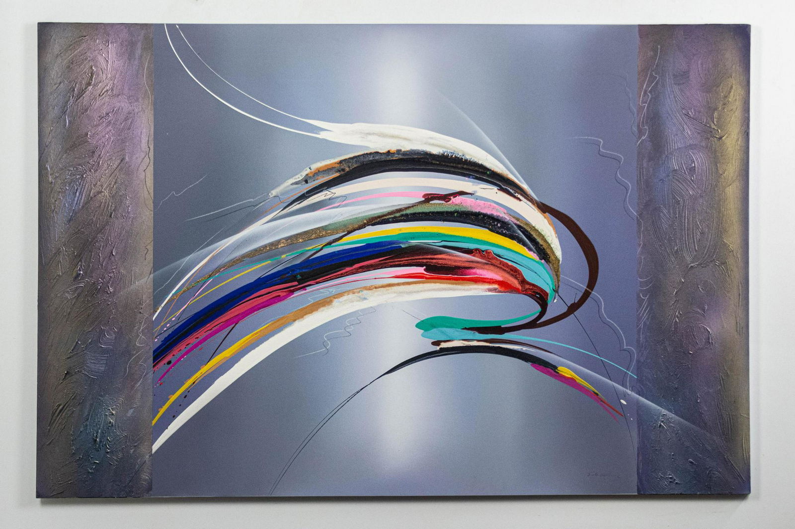 Laurie A. Fields Acrylic Collage on Canvas: Acrylic collage on canvas, signed by the artist ARTIST: Laurie A. Fields CONDITION: Very good, upper right corner slightly dented DIMENSIONS: 48" x 72"