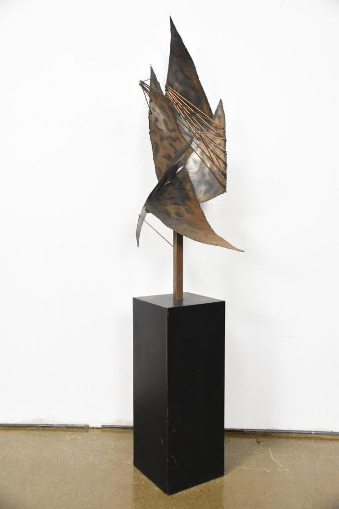 Brutalist Sculpture: Brutalist sculpture has copper/bronze snail sculpture on black base, sail form. CREATOR: Unknown. CONDITION: Good. CONDITION REPORT: Good structural condition. Refer to photos for condition. MEASUREME