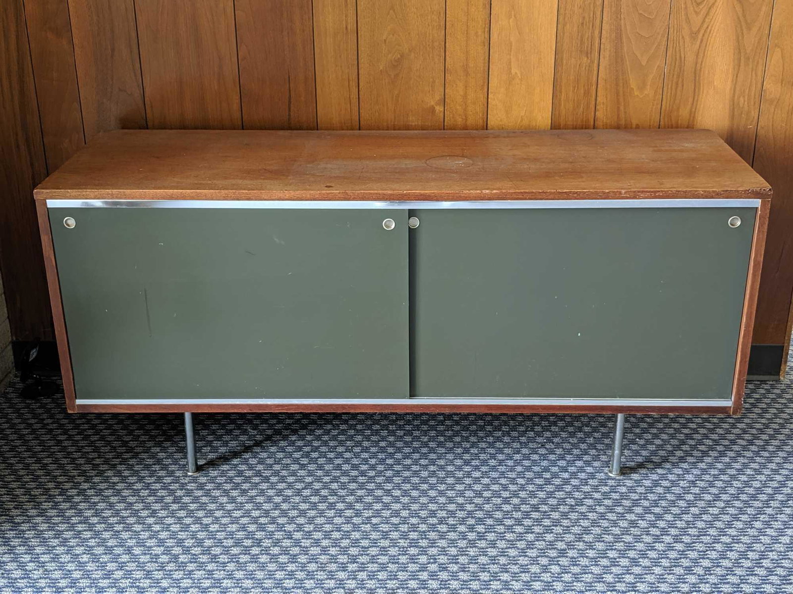 Vintage George Nelson Storage Unit with Sliding Doors: Executive Office Group / Storage Unit Designed by George Nelson for Herman Miller, 1952 MEASUREMENTS: 55" W x 26.5" H x 18.5" D CONDITION: Fair , see photos