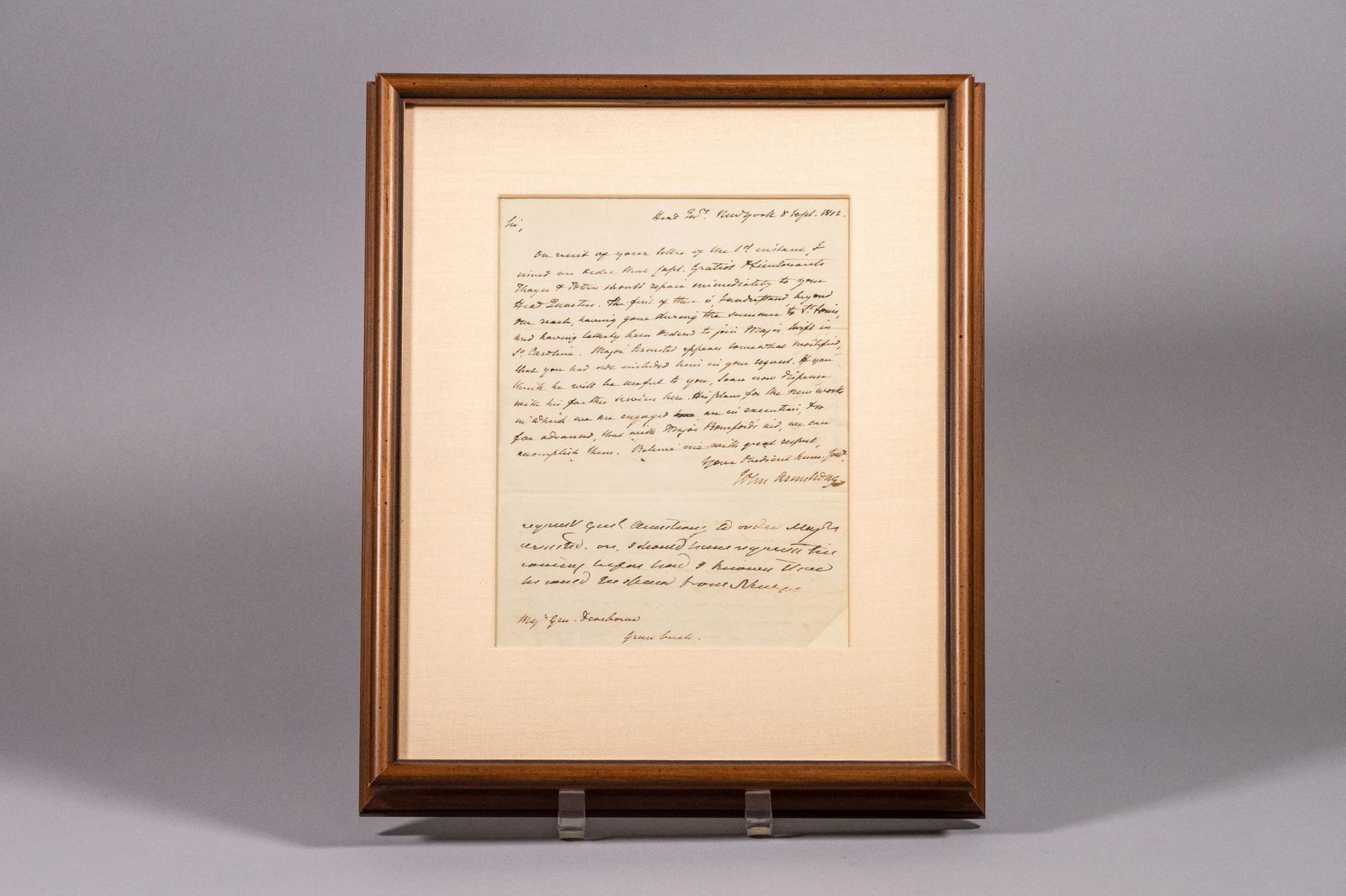 Framed John Armstrong Handwritten Letter War of 1812: This is framed handwritten letter by John Armstrong, addressed to "Sir" and dated September 8, 1912. The back of the frame has a cut out so that back of the document is visible. MEASUREMENTS: 12.25" x