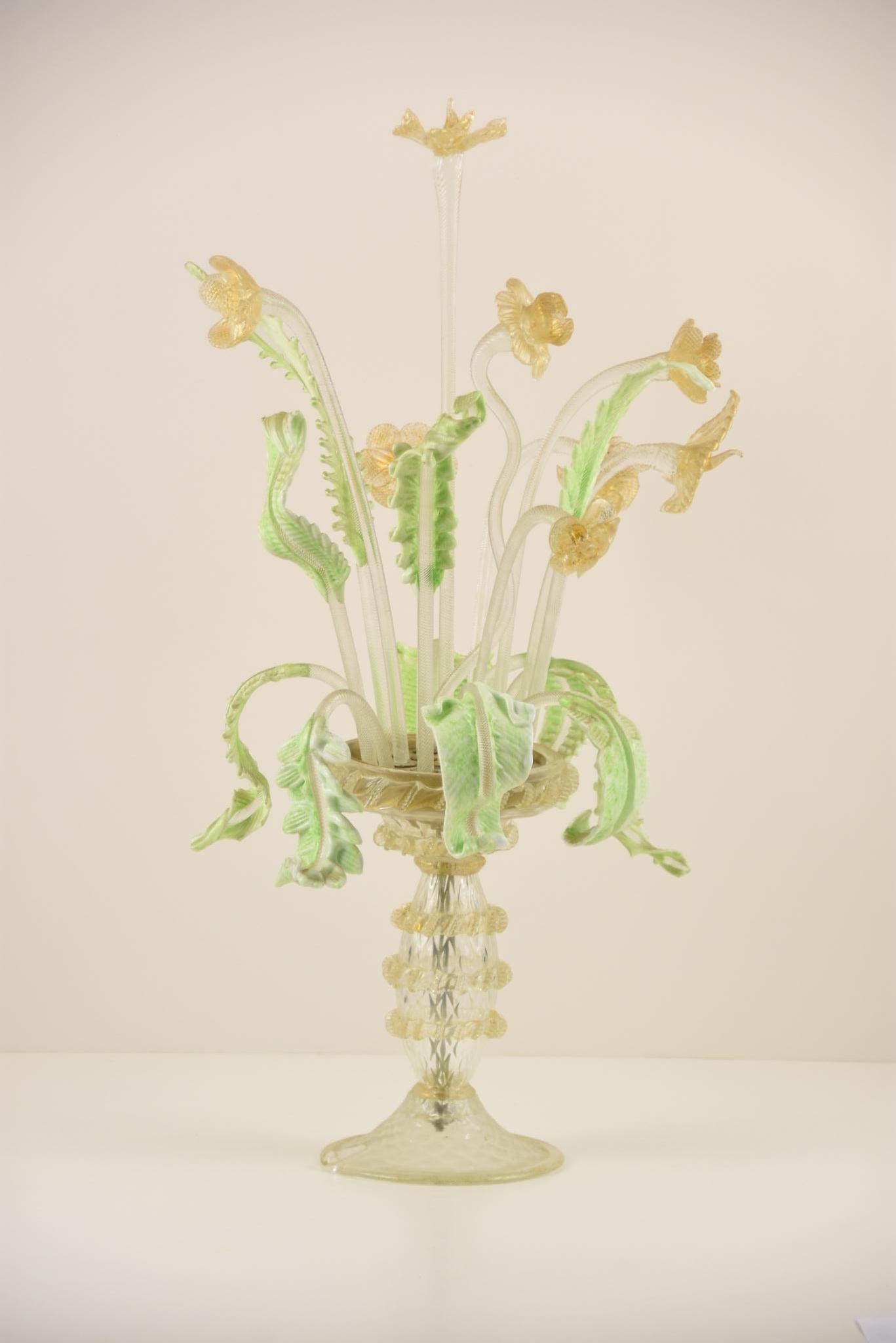Antique Epergne Blown Glass Flowers: Antique Epergne Blown Glass Flowers. Italian blown glass vase with blow glass flowers in a light orange color. Includes twenty-three (23) pieces. Signed on the bottom. MEASUREMENTS: 26" x 13" CONDITIO