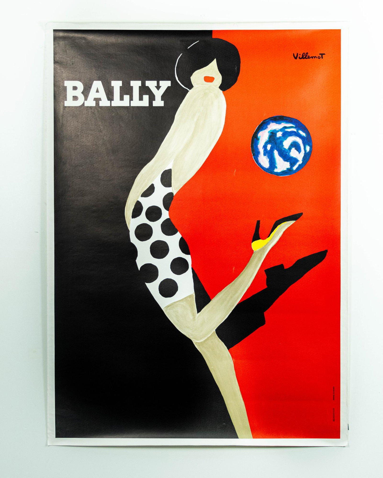 Bernard Villemot Bally Poster: DescriptionFabric backed Bally poster ARTIST: Bernard Villemot CONDITION: Very good, small creases on print DIMENSIONS: 68.5" x 48"