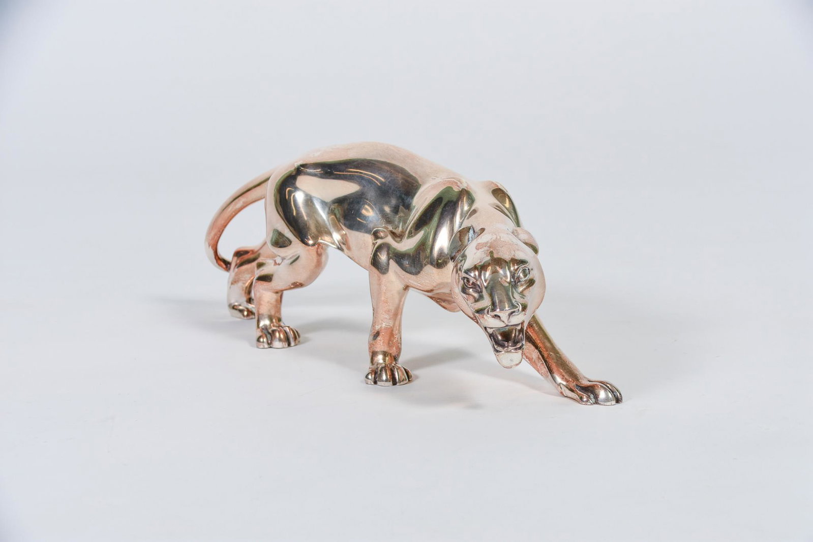 Marcello Giorgio Silver Laminate Tiger: Marcello Giorgio Silver Laminate Tiger. L15" x H5.5" Good modern condition, the surface of the silver with very light tarnish. NAVIS Pack and Ship will be handling the shipping of all items from this 