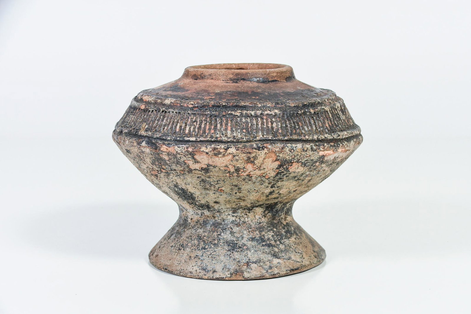 Antique Pottery Black Vase: Black Vase, Decorative Ribbed Detail, Natural Patina. unattributed Possibly Greek, Cambodia H7.5" W9.75" Opening 3.5" Good antique condition, see photos for details NAVIS Pack and Ship will be handlin