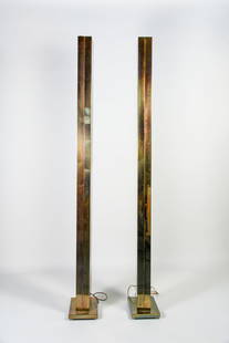 Mid Century Modern Steve Chase Crackled Glass and Brass: Pair of Vintage Brass Torchiere Floor Lamp from Casella Lighting of San Francisco c1970s. H72.5 x W11 x D7.5 NAVIS Pack and Ship will be handling the shipping of all items from this auction. Go to: